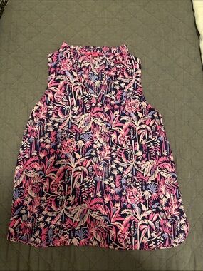 Lilly Pulitzer Navy Floral Ruffled Neck Sleeveless Top with Pink Accents